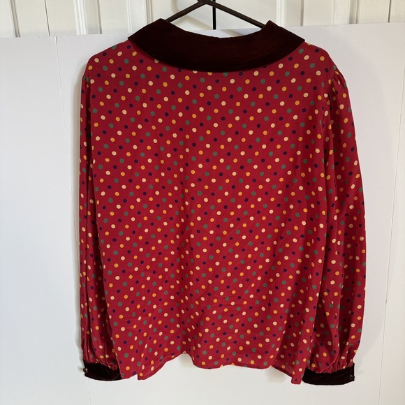 VTG Jean Halm Women's 14 Red Polka Dot 100% Silk Blouse Neck Tie Velvet Accents - Picture 10 of 16